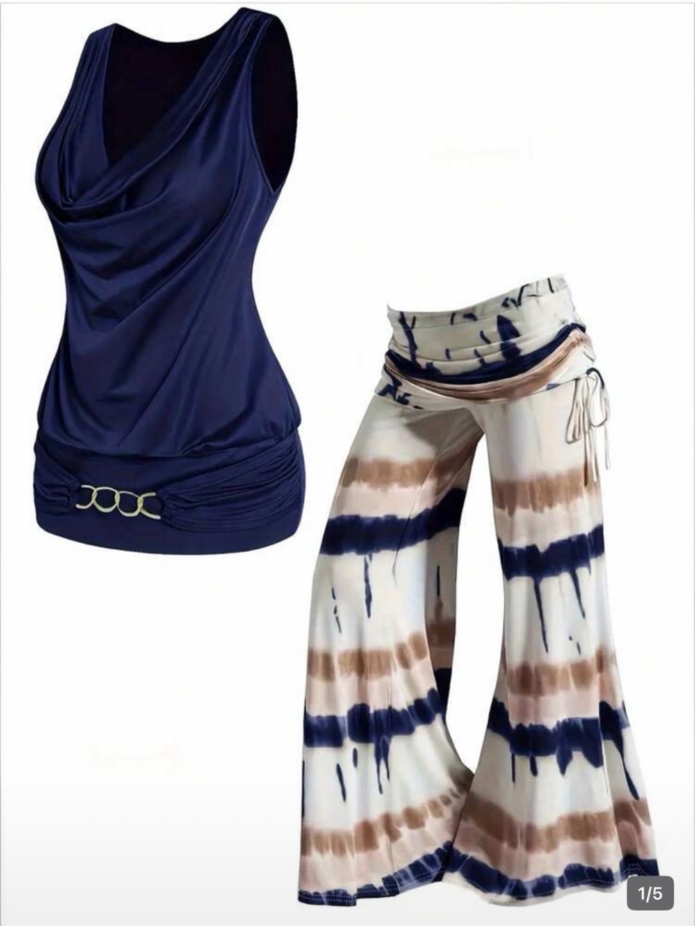 Navy Draped Tank & Navy-Tan Tie-Dye Wide Leg Pants Set